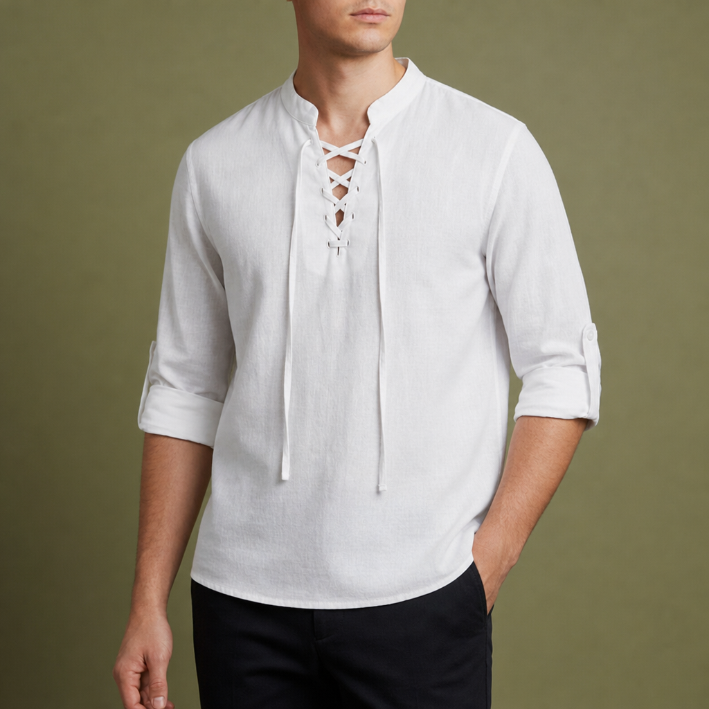 Skiathos Lace-Up Linen Shirt in White