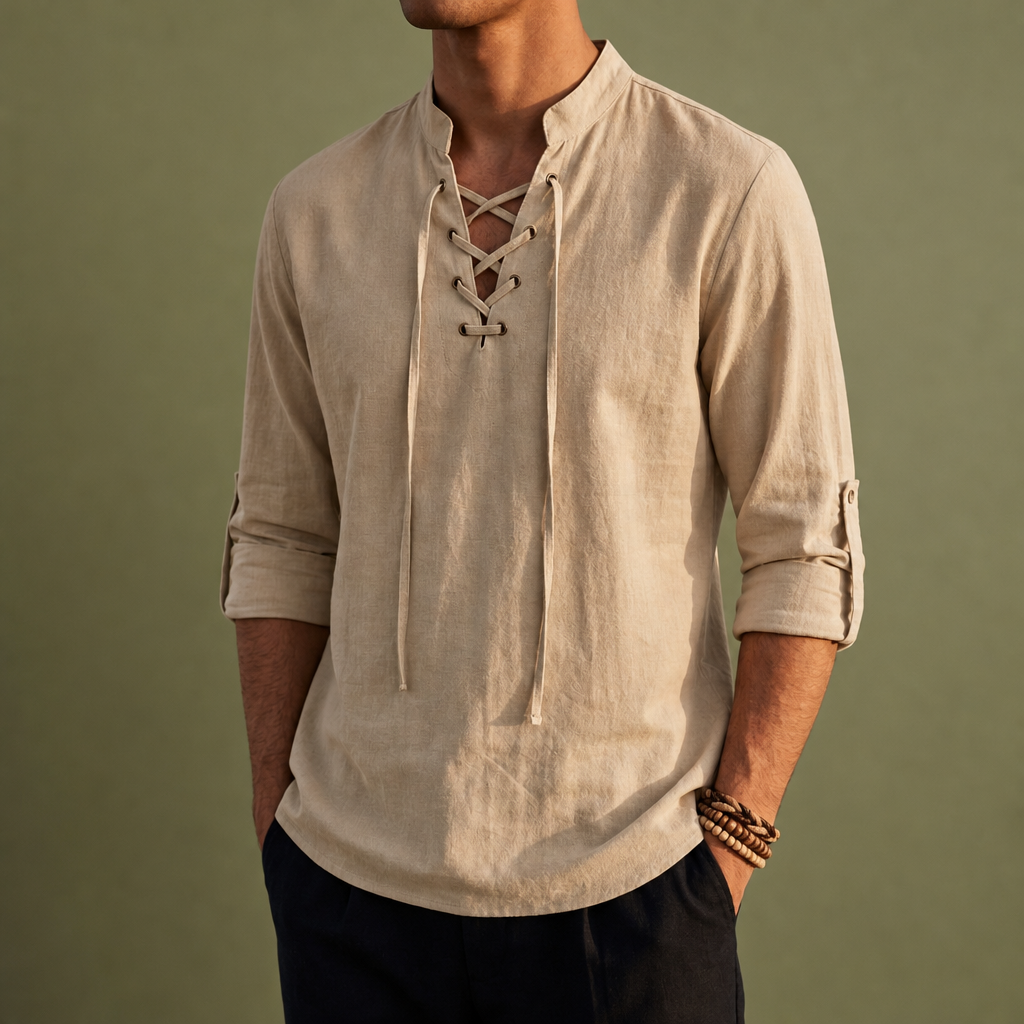 Skiathos Lace-Up Linen Shirt in Brown