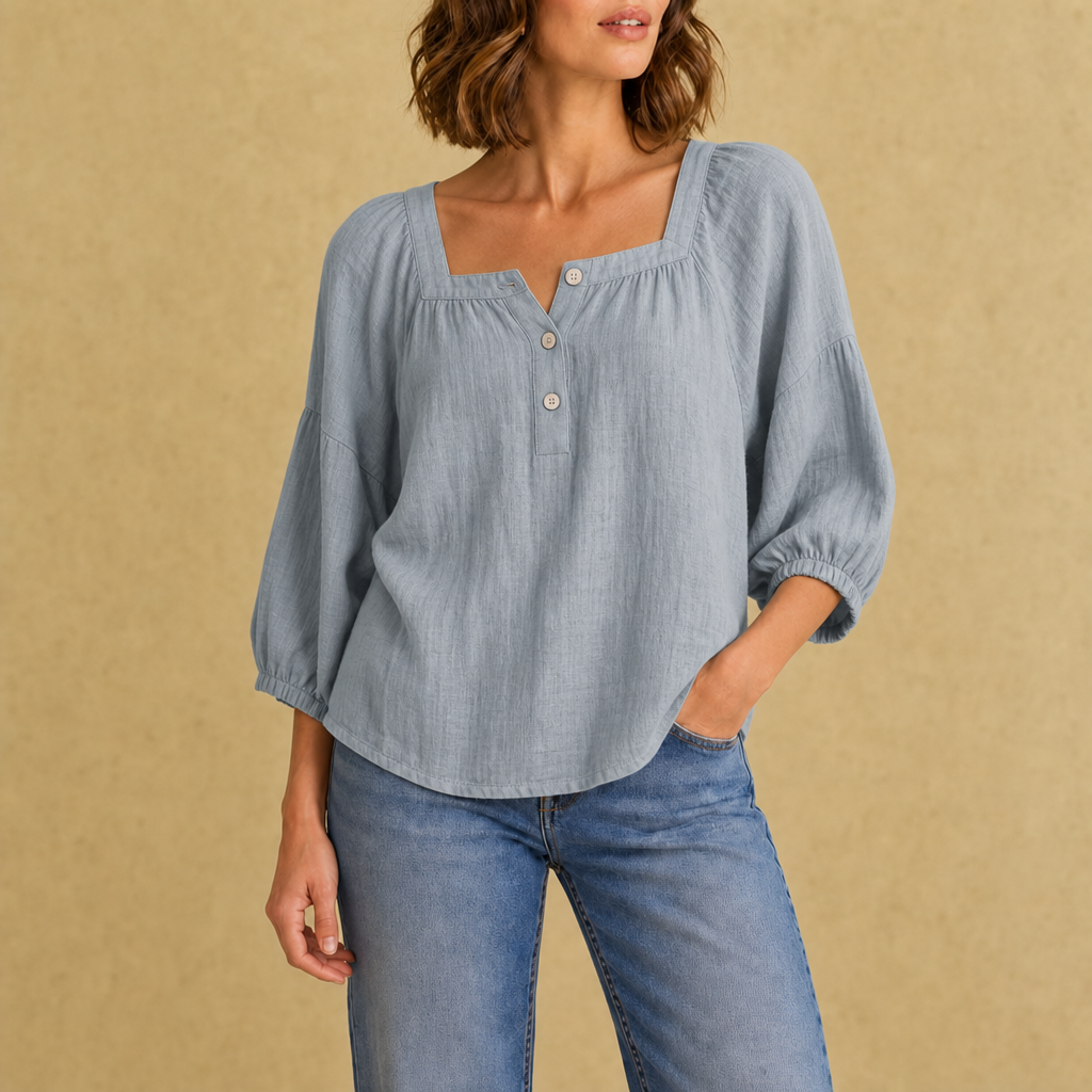 Sliema Square Neck Linen Blouse in Gray