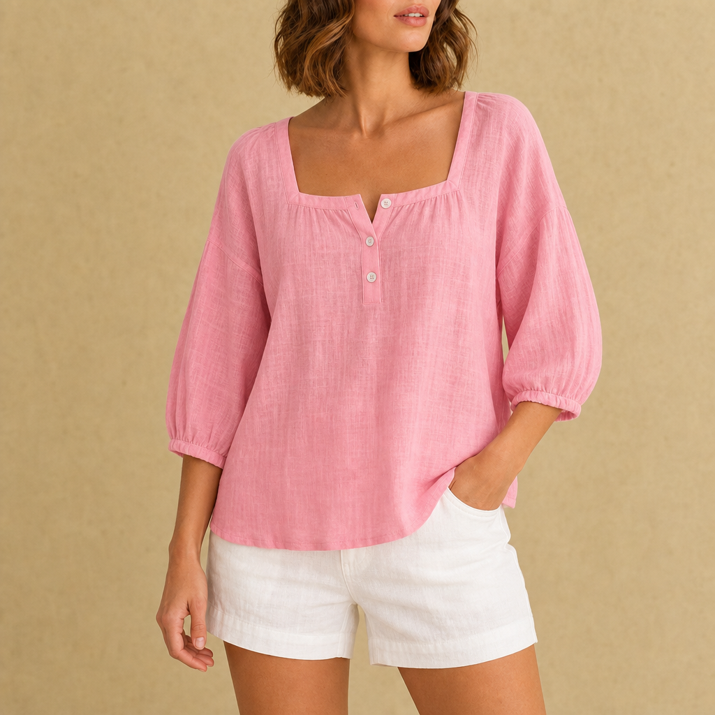 Sliema Square Neck Linen Blouse in Pink