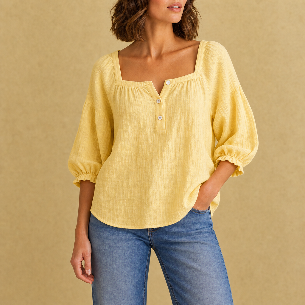 Sliema Square Neck Linen Blouse in Yellow