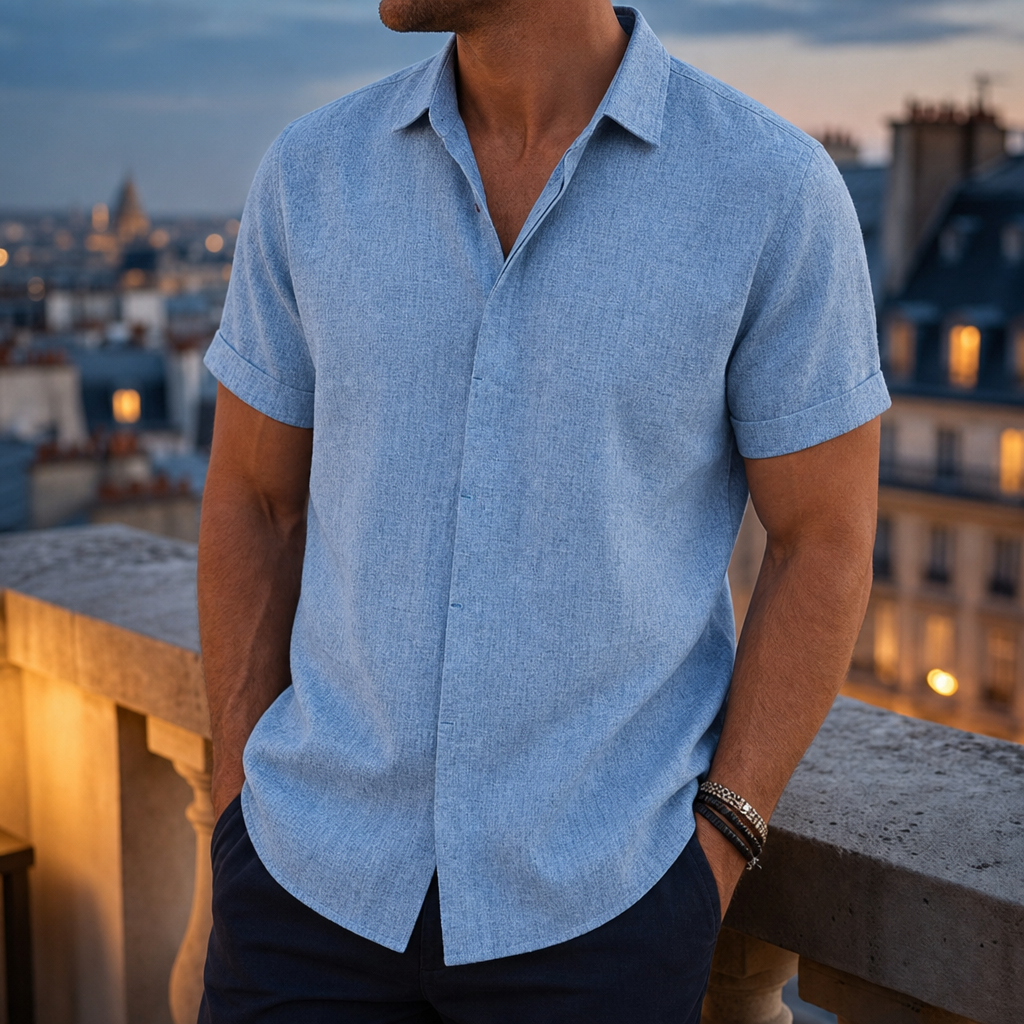 Trani Linen Blend Button Shirt in Light Blue