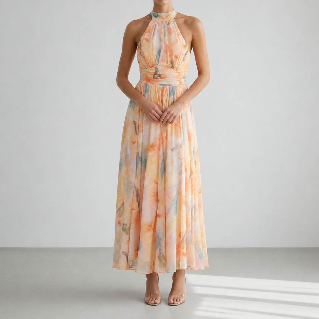 Uzes Halter Watercolor Maxi Dress in Peach