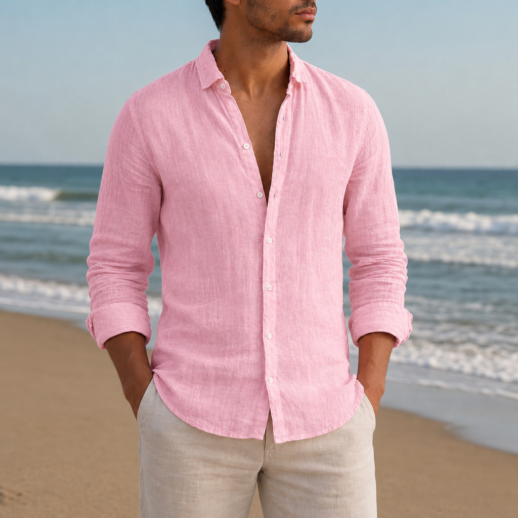 Viana Linen Button-Down Shirt in Pink