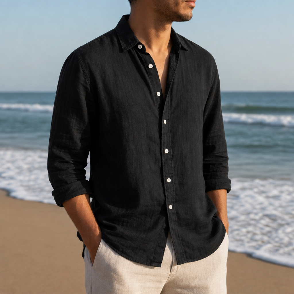 Viana Linen Button-Down Shirt in Black