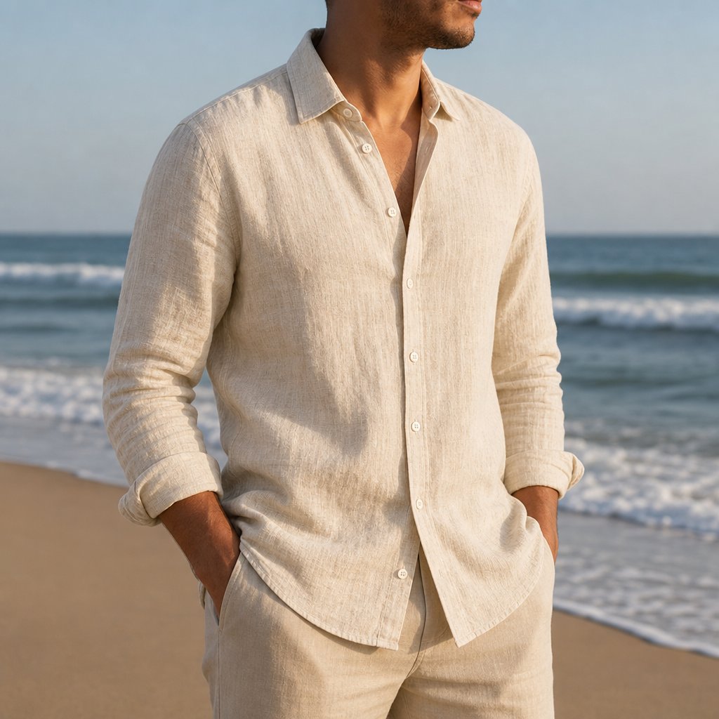 Viana Linen Button-Down Shirt in Beige
