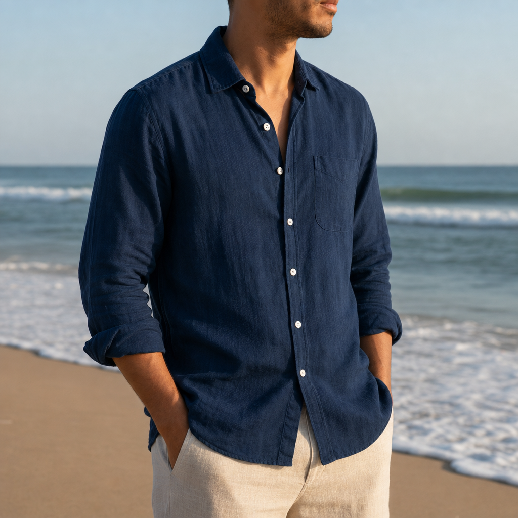 Viana Linen Button-Down Shirt in Navy